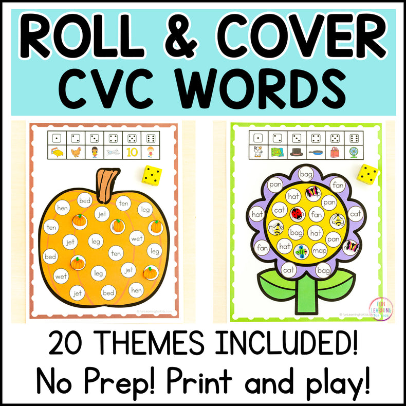 CVC Word Roll and Cover Phonics Games - NO PREP Reading Games for Kindergarten