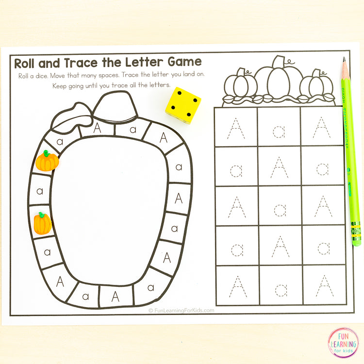 Pumpkin Alphabet Board Game Worksheets - Letter Recognition & Letter Formation