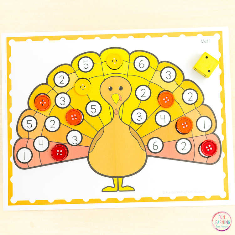 Turkey Roll and Cover the Number Activity - Thanksgiving Math Game Number Sense