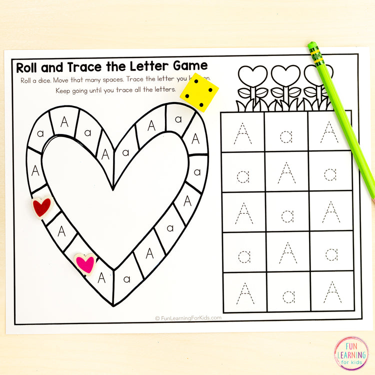 Valentine's Day Alphabet Board Game Worksheets - Letter Recognition & Letter Formation