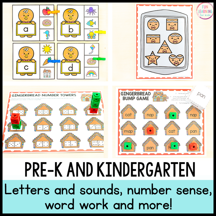 Gingerbread Math and Literacy Centers for Preschool, Pre-K & Kindergarten