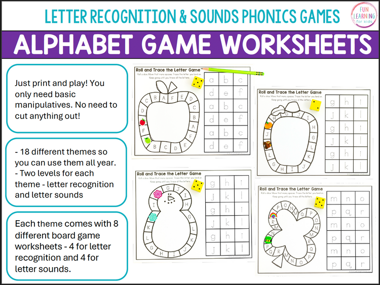 Alphabet Game Worksheets - No Prep Letter Recognition and Sounds Phonics Games