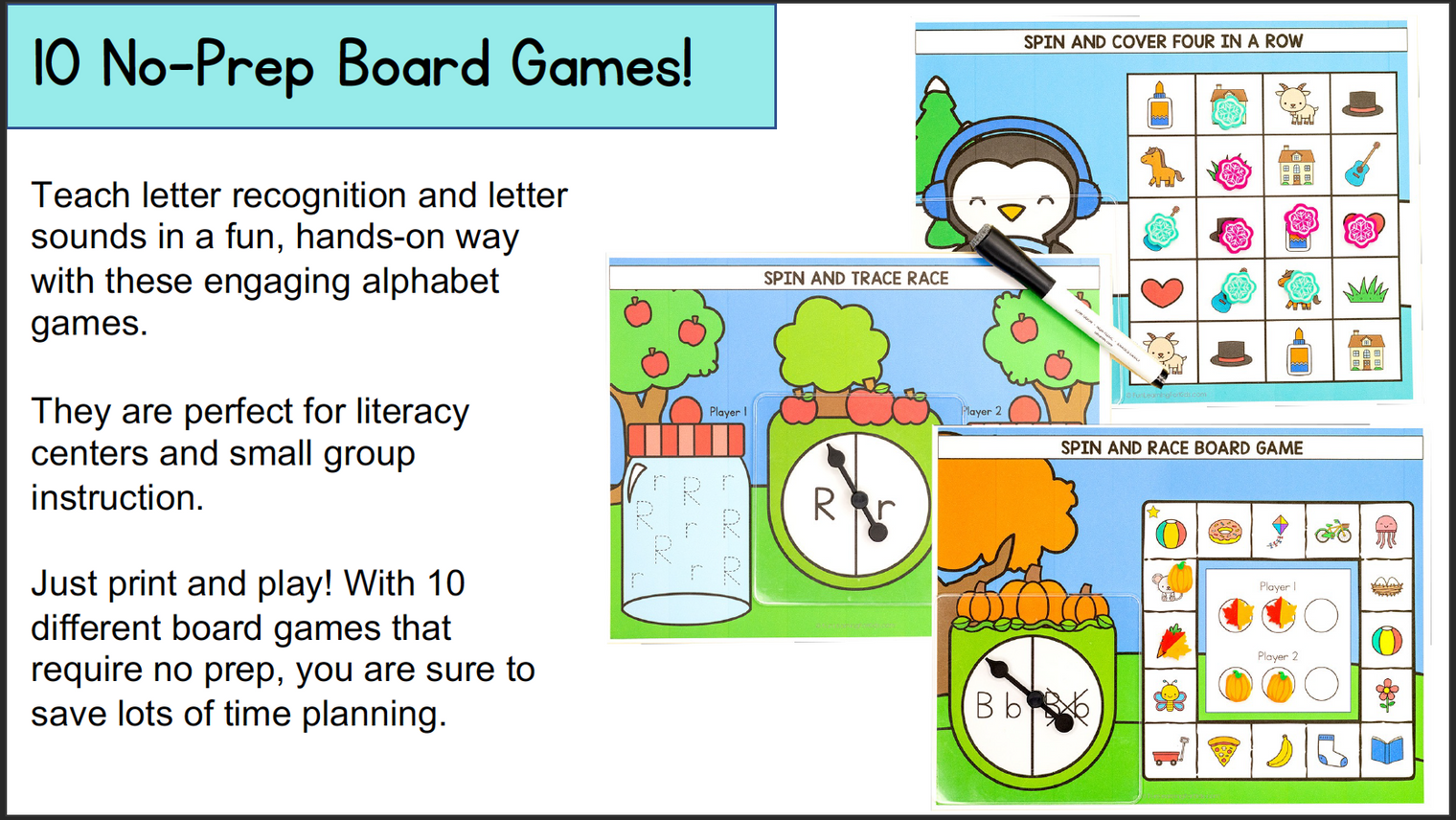 Alphabet Board Games - No Prep Letter Recognition and Sounds Phonics Games