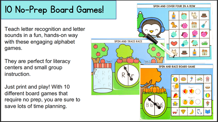 Alphabet Board Games - No Prep Letter Recognition and Sounds Phonics Games
