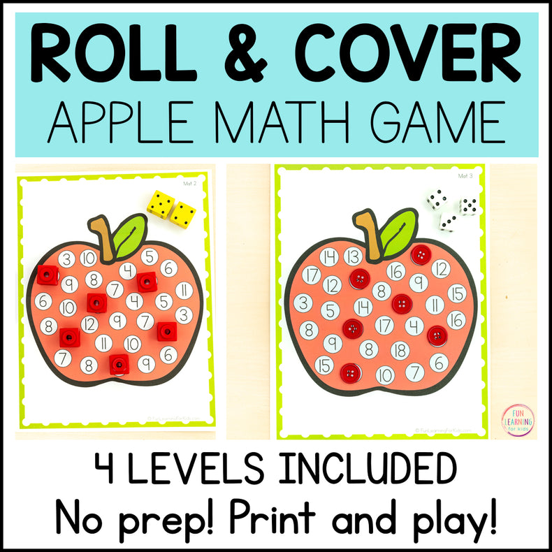 Apple Roll and Cover the Number Activity - NO PREP Math Game Activity - Addition