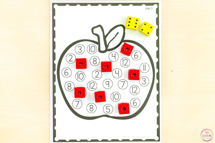 Apple Roll and Cover the Number Activity - NO PREP Math Game Activity - Addition