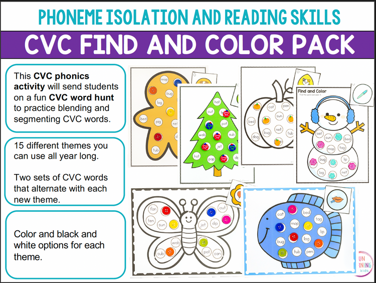 CVC Find and Color Sheets Phonics Activity - Blending and Segmenting Phonemes