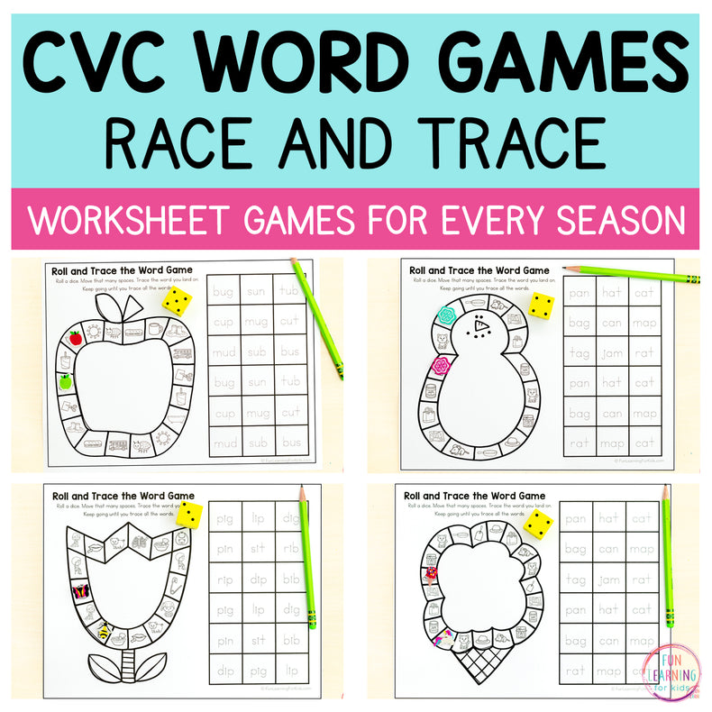 CVC Board Game Worksheets - No Prep CVC Word Race and Trace Phonics Games