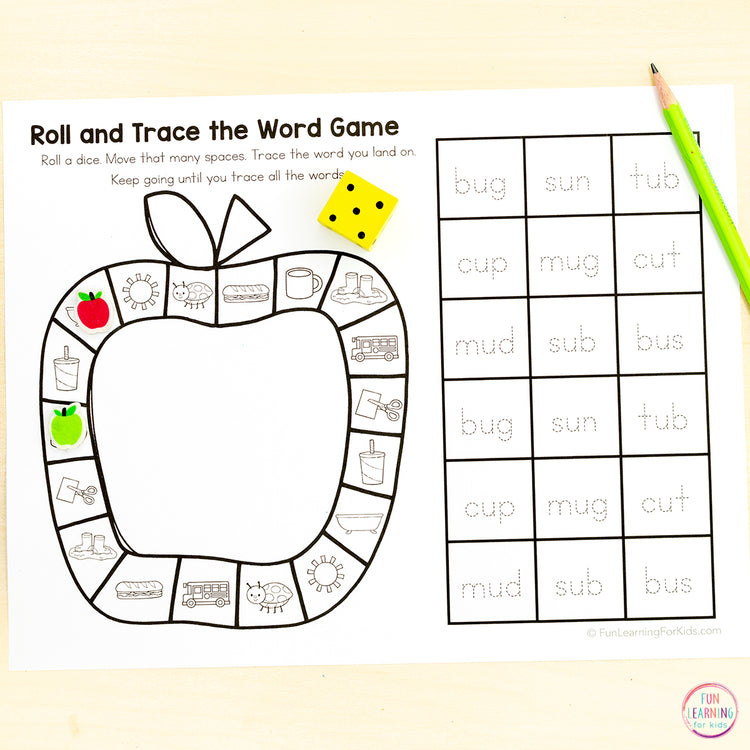 CVC Board Game Worksheets - No Prep CVC Word Race and Trace Phonics Games