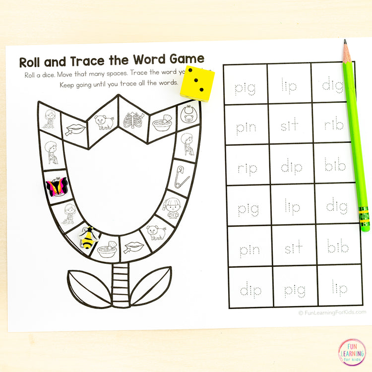 CVC Board Game Worksheets - No Prep CVC Word Race and Trace Phonics Games