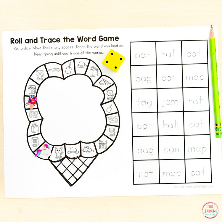 CVC Board Game Worksheets - No Prep CVC Word Race and Trace Phonics Games