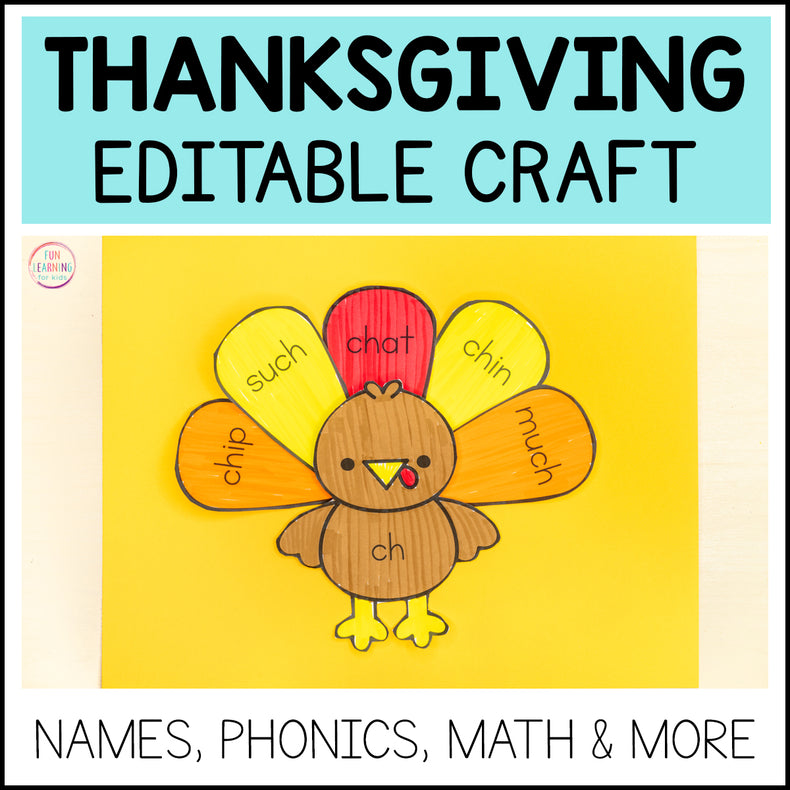 Turkey Craft - Thanksgiving Editable Phonics Craft, Name Craft, Spelling, Math