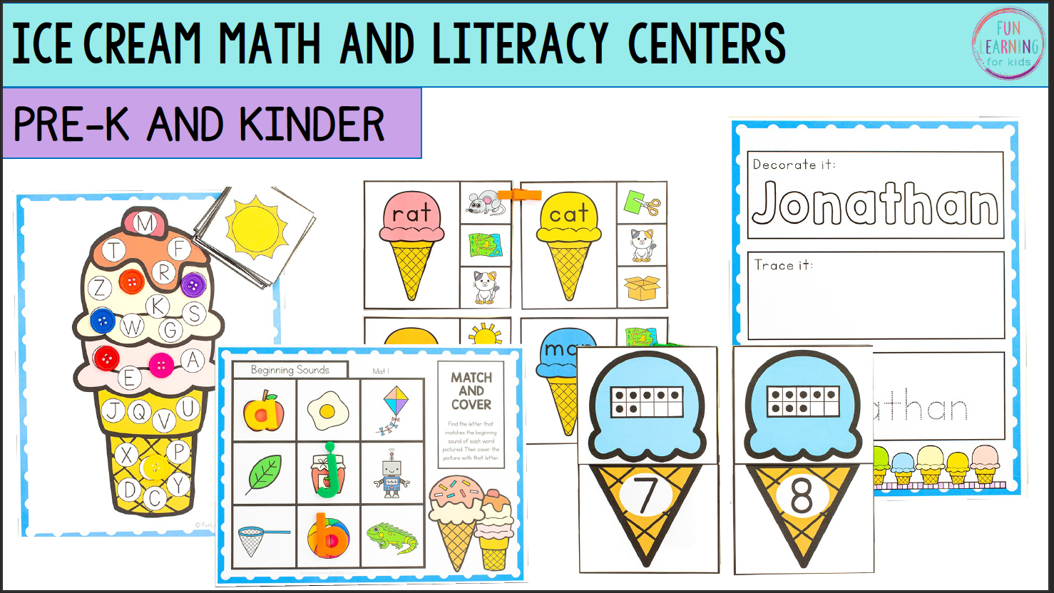 Ice Cream Theme Math & Literacy Centers for Preschool, Pre-K & Kindergarten