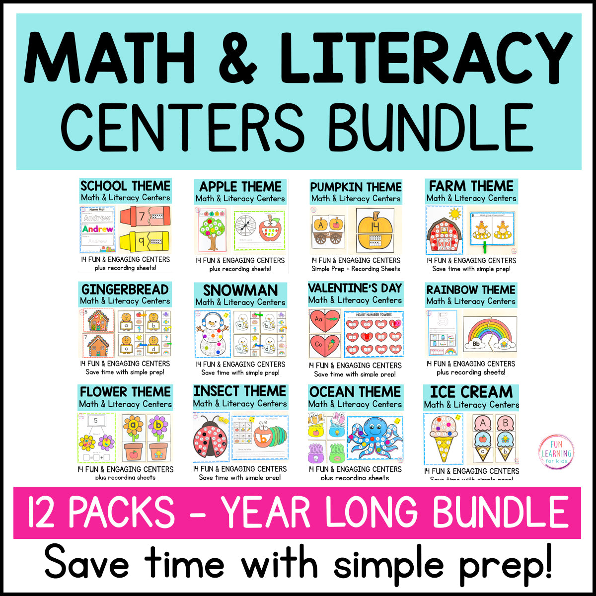 Theme Math and Literacy Centers Bundle for Pre-K & Kindergarten