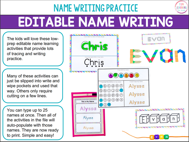 Editable Name Writing Practice Activities