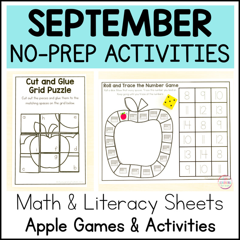 September Apple Theme Worksheets - No Prep Math & Literacy Worksheets