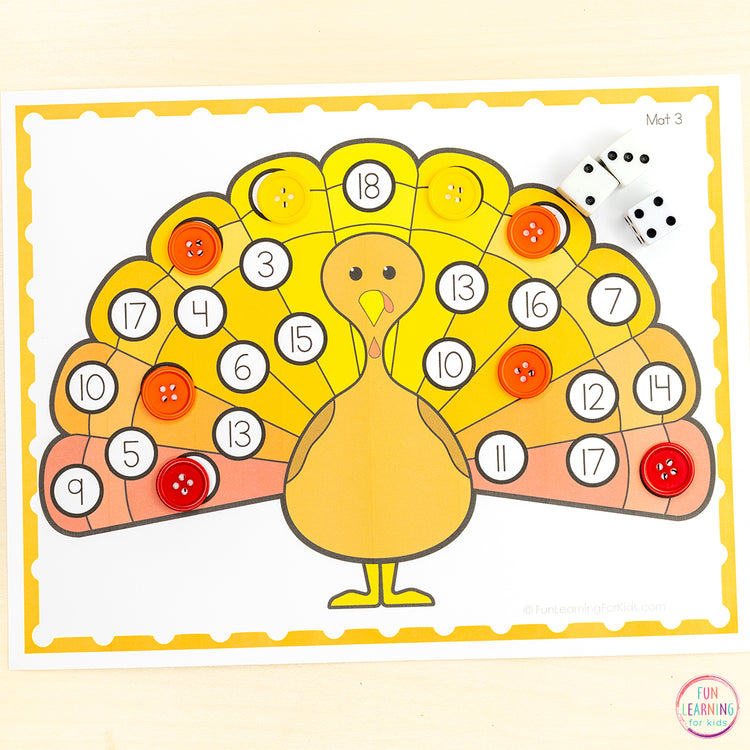Turkey Roll and Cover the Number Activity - Thanksgiving Math Game Number Sense