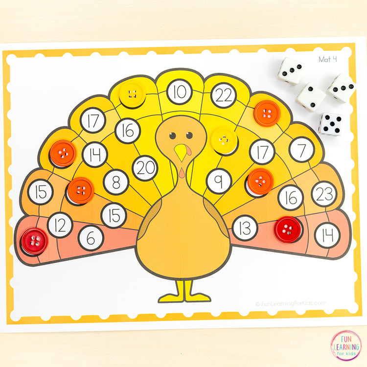 Turkey Roll and Cover the Number Activity - Thanksgiving Math Game Number Sense