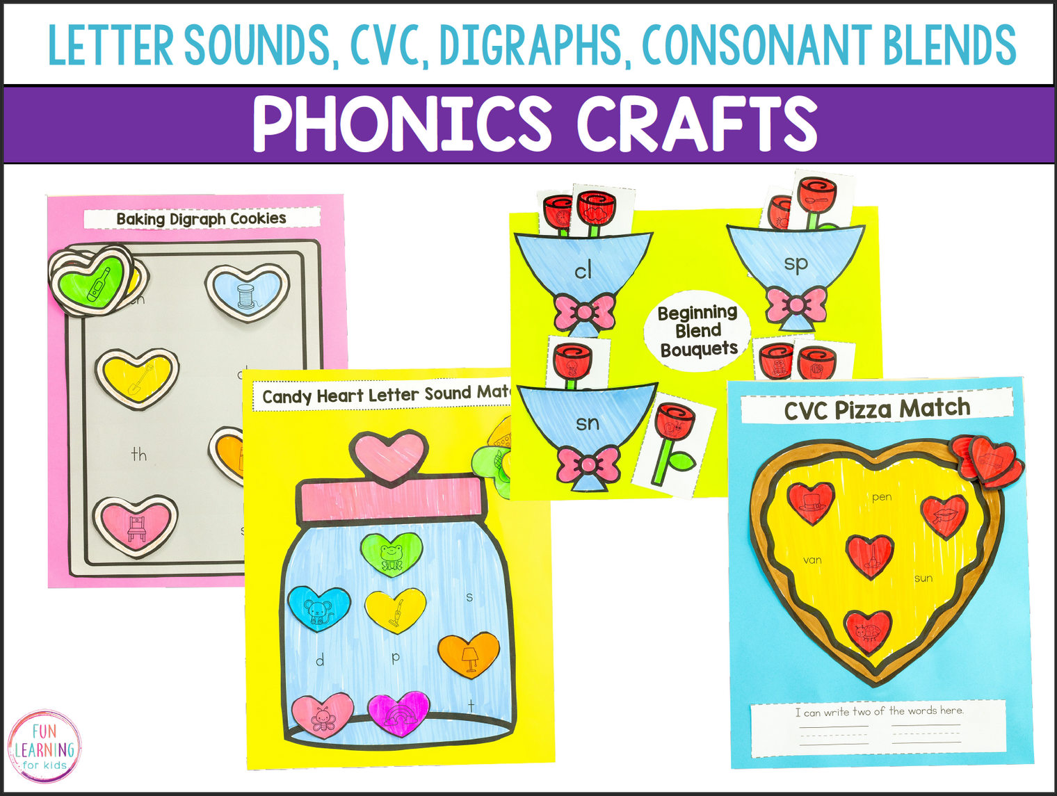 Valentine's Day Phonics Crafts - Letter Sounds, CVC, Digraphs, Blends