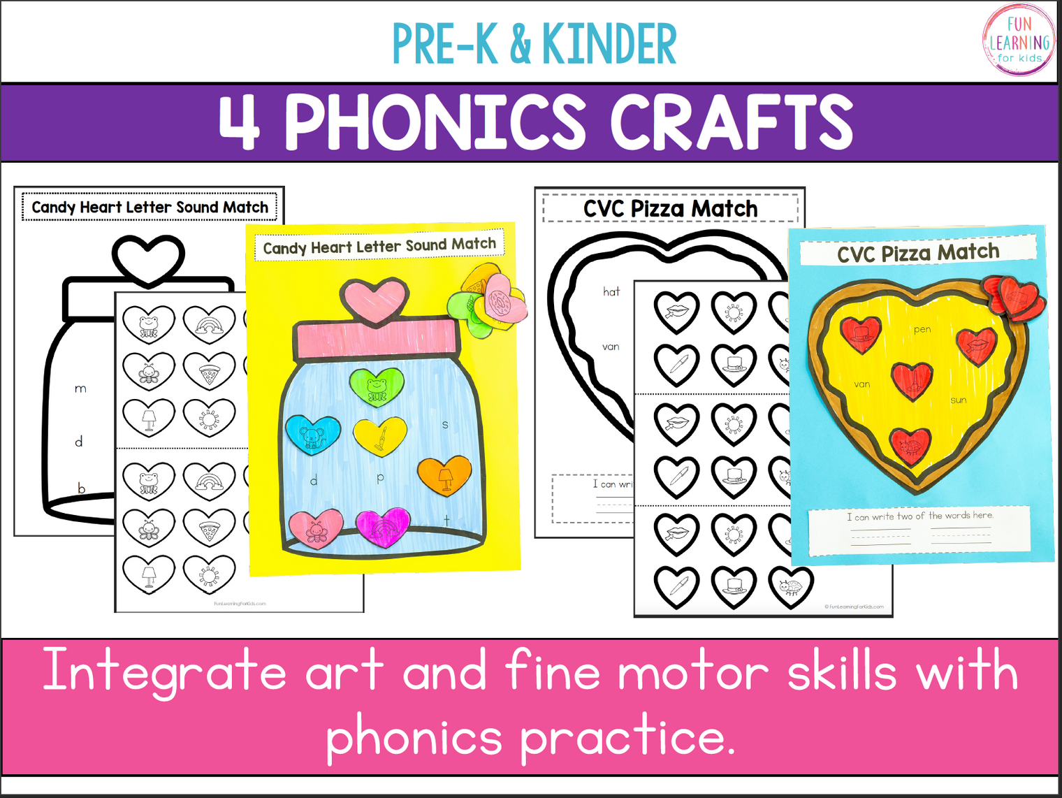 Valentine's Day Phonics Crafts - Letter Sounds, CVC, Digraphs, Blends