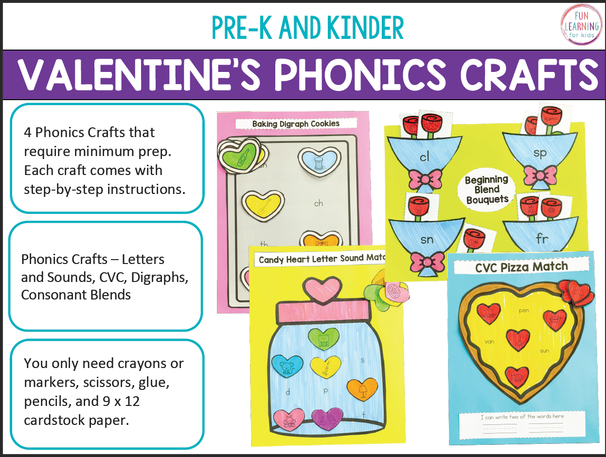 Valentine's Day Phonics Crafts - Letter Sounds, CVC, Digraphs, Blends