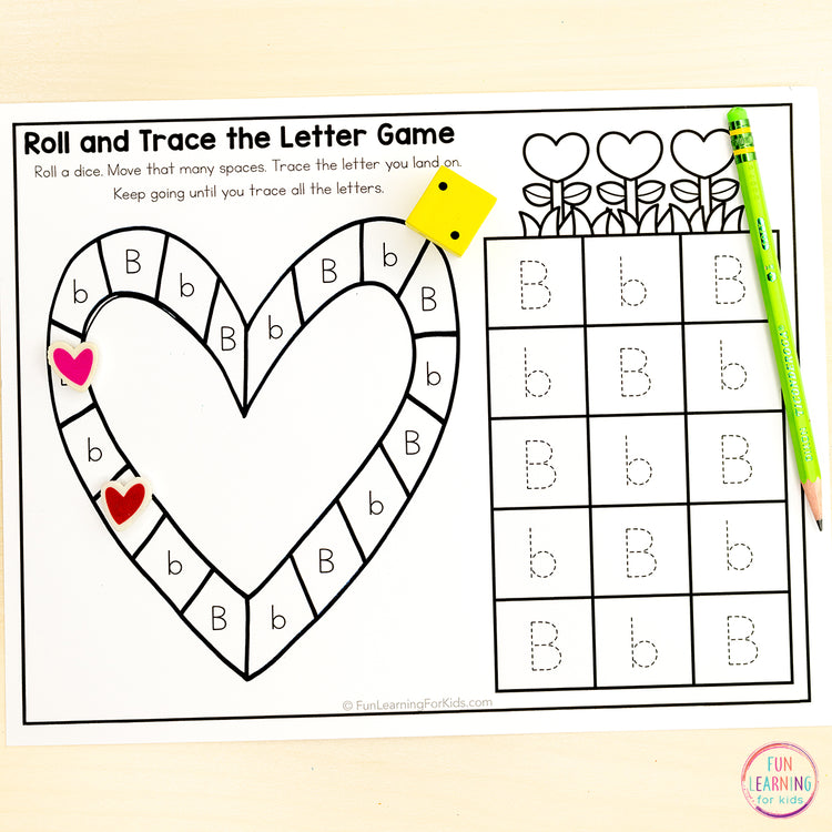Valentine's Day Alphabet Board Game Worksheets - Letter Recognition & Letter Formation