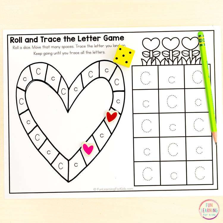 Valentine's Day Alphabet Board Game Worksheets - Letter Recognition & Letter Formation