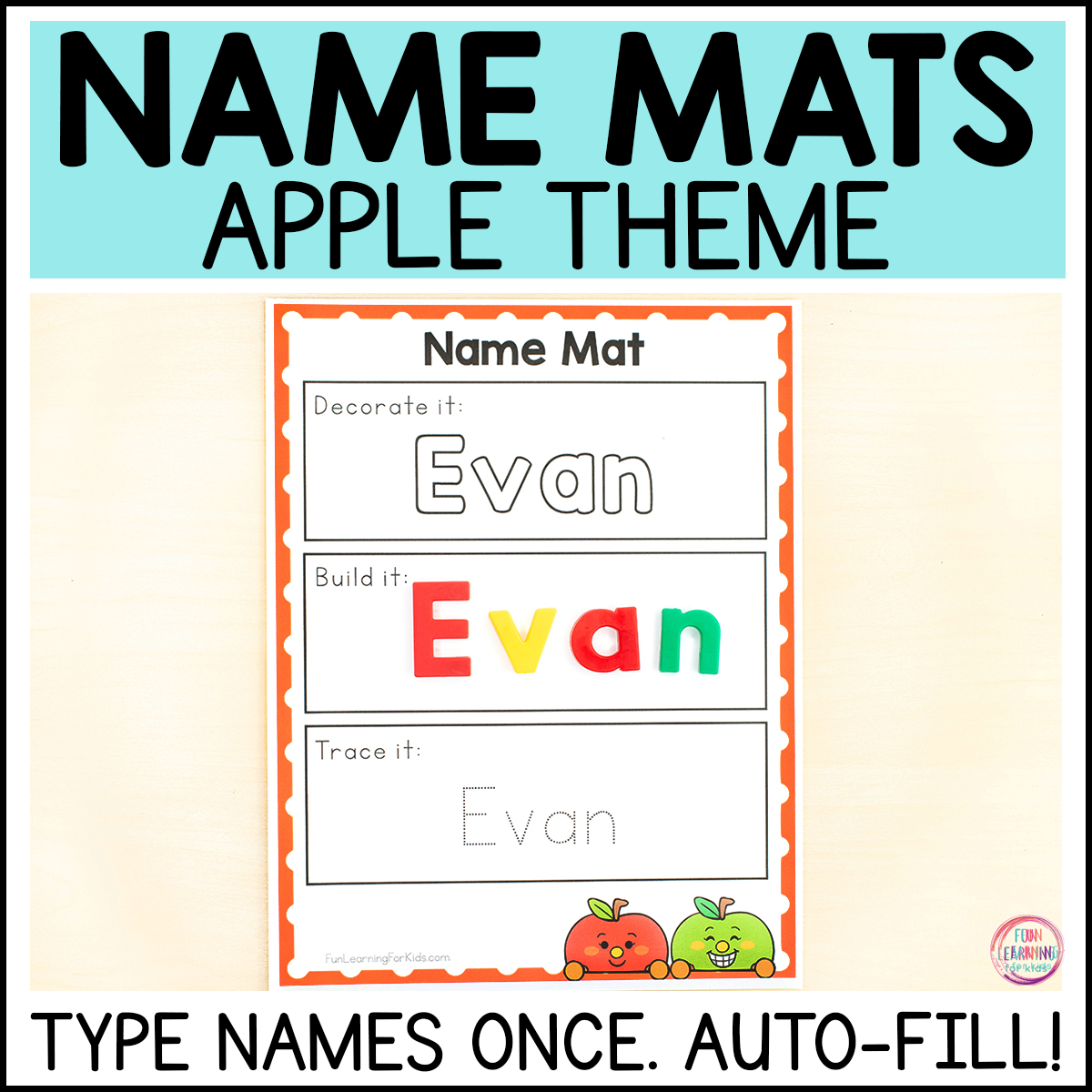 Editable Apple Theme Name Writing Mats with Auto-fill