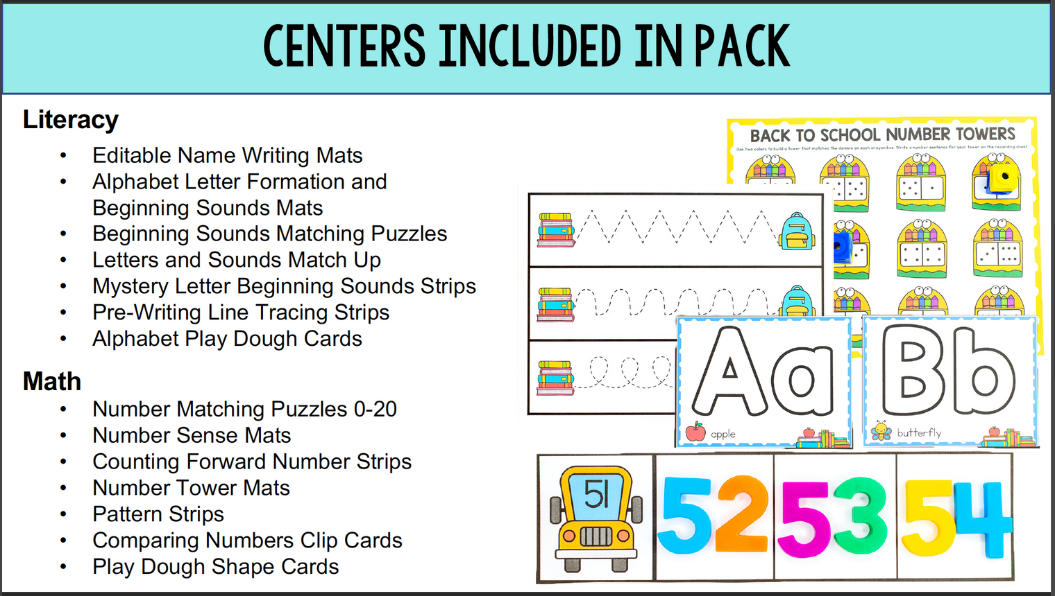 Back to School Theme Math and Literacy Centers for Pre-K and Kindergarten