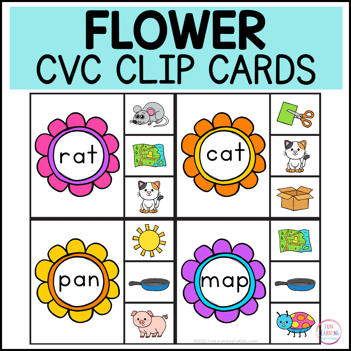 Flower CVC Clip Cards Reading Activity for Kindergarten & First Grade