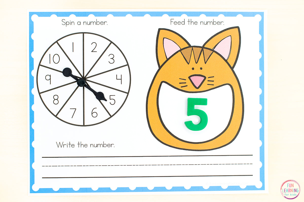 Number Identification and Counting Spin, Build and Write Mats for Math Centers