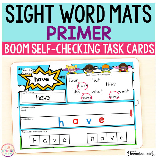 Superhero Sight Word Mats Primer/Kindergarten - Boom Cards™