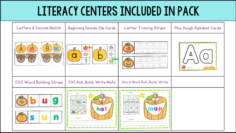 Pumpkin Theme Fall Math and Literacy Centers for Preschool, Pre-K & Kindergarten