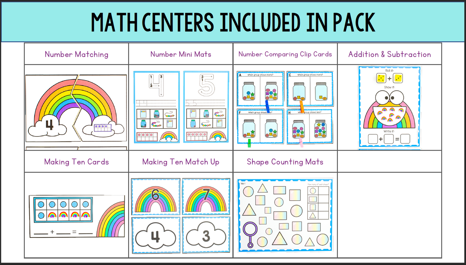 Rainbow Theme Math & Literacy Centers for Preschool, Pre-K & Kindergarten