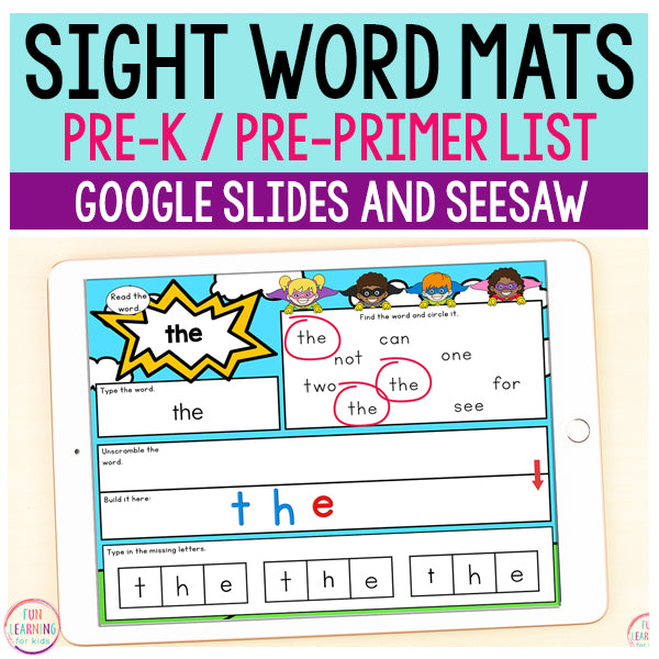 Superhero Sight Words Mat Pre-Primer / Pre-K - Google Slides & Seesaw