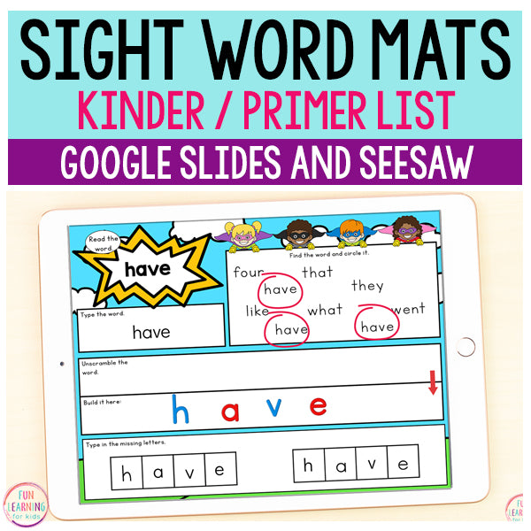 Superhero Sight Word Mats Primer / Kindergarten - Google Slides & Seesaw